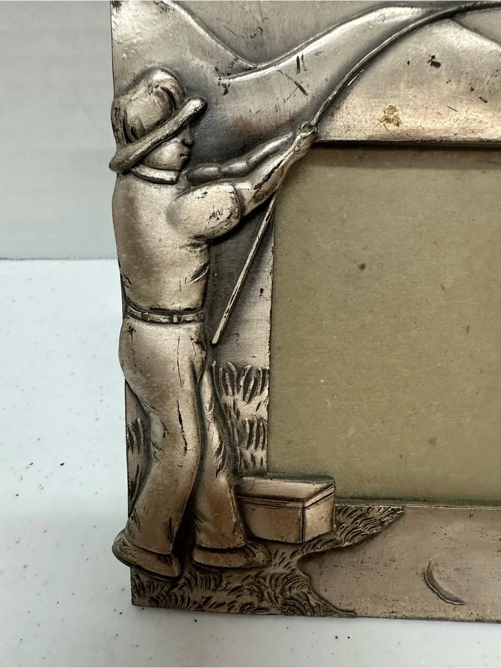 Vintage Silver Tone Metal Fly Fishing Picture Frame 5x3.5 Rustic Cabin Decor